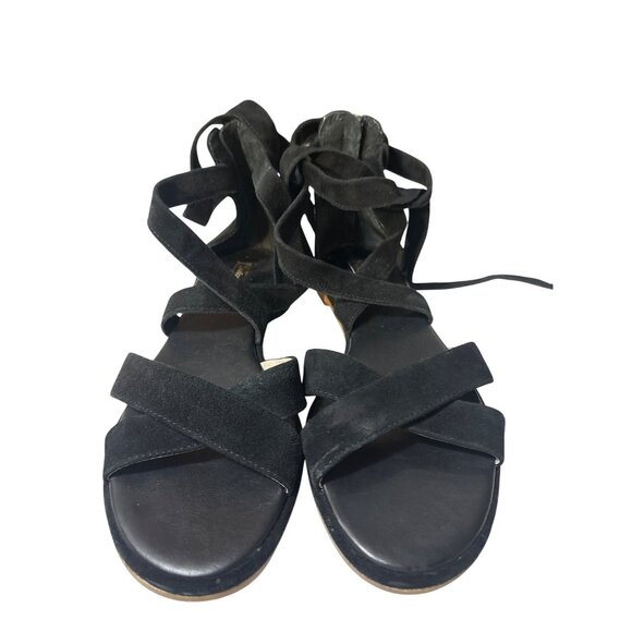 Black Leather & Suede Lace-Up Flat Sandals With Gold Zipper Detail Size 8.5M - Picture 2 of 7